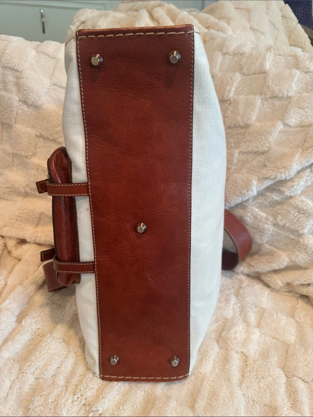 Chloe Edith White Canvas and Brown Leather Satchel with Strap
